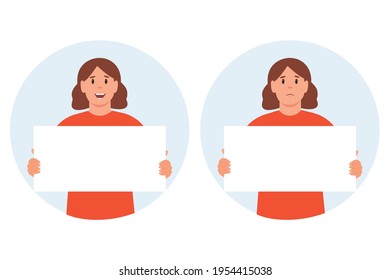 Woman holding empty banner with place for text.Vector cartoon illustration with a smiling  and sad girks with a billboard in their hands.