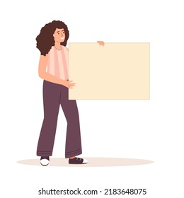 Woman Holding Empty Paper Card Mockup For Promo Message. Happy Girl Showing, Presenting Smth On Placard, Blank Board Mock Up In Hand. Flat Graphic Vector Illustration Isolated On White Background