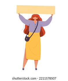 Woman holding empty placard or banner. Demonstration, protest, political announcement vector illustration.