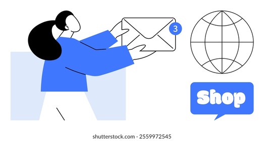 Woman holding an envelope with notification, a globe and shop speech-bubble. Ideal for online communication, digital marketing, global connectivity, e-commerce, and customer engagement. Cartoon