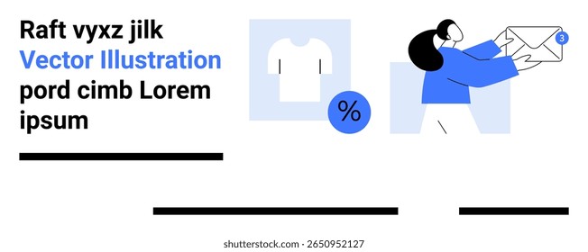 Woman holding an envelope with a notification icon. Includes T-shirt and percentage symbol. Ideal for email marketing, e-commerce, notifications, promotions, social media, newsletters, and mobile