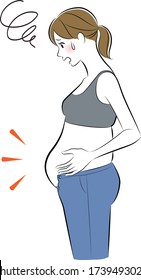 Woman holding excessive fat belly. Woman overweight abdomen.