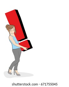 The woman is holding an exclamation point. vector illustration.