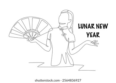 Woman holding a fan. Lunar new year concept one-line drawing