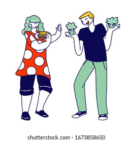 Woman Holding Fast Food Burger, Man with Broccoli in Hands. Female Character Choose Unhealthy Eating Say No Diet. Fat Carb Nutrition, Fastfood, People Enjoying Junk Dishes. Linear Vector Illustration