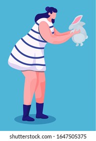 Woman holding favorite rabbit in hands isolated happy pet owner. Vector illustration of girl in striped dress with cute bunny fluffy animal and lady flat cartoon style. Friendship with domestic friend