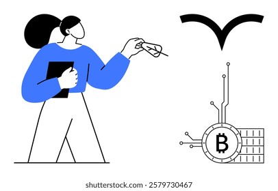 Woman holding a file and paper plane stands next to a Bitcoin symbol and black bird logo. Ideal for finance, technology, blockchain, cryptocurrencies, modern business. Cartoon vector style. Blue