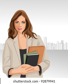 Woman holding files with city on the background