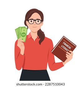 Mujer con libros de alfabetización financiera y dinero en efectivo. Ilustración de la educación financiera. Personajes estudiantiles invirtiendo dinero en educación y conocimiento. Ilustración vectorial plana aislada en el fondo blanco