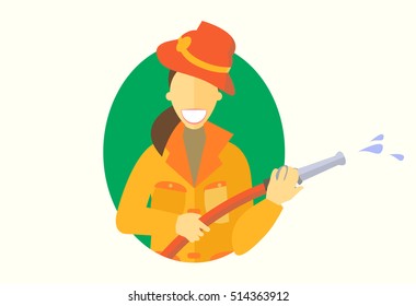 Woman holding firehose icon, vector flat design, girl do men's work concept