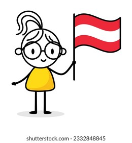 Woman holding flag of Austria isolated on white background. Hand drawn doodle line art man. Concept of country. Vector stock illustration