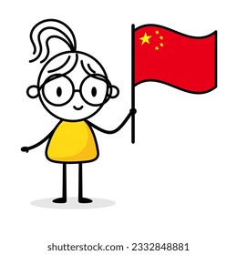 Woman holding flag of China isolated on white background. Hand drawn doodle line art man. Concept of country. Vector stock illustration