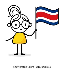 Woman holding flag of Costa Rica isolated on white background. Hand drawn doodle line art man. Concept of country. Vector stock illustration