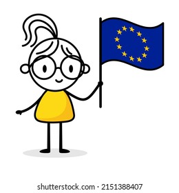 Woman holding flag of European Union isolated on white background. Hand drawn doodle line art man. Concept of country. Vector stock illustration