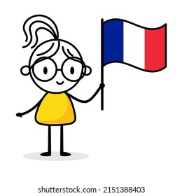 Woman holding flag of France isolated on white background. Hand drawn doodle line art man. Concept of country. Vector stock illustration