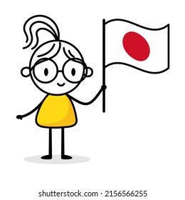 Woman holding flag of Japan isolated on white background. Hand drawn doodle line art man. Concept of country. Vector stock illustration