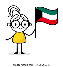 Woman holding flag of Kuwait isolated on white background. Hand drawn doodle line art man. Concept of country. Vector stock illustration