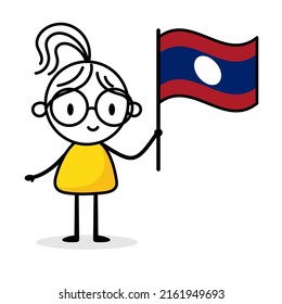 Woman holding flag of Laos isolated on white background. Hand drawn doodle line art man. Concept of country. Vector stock illustration