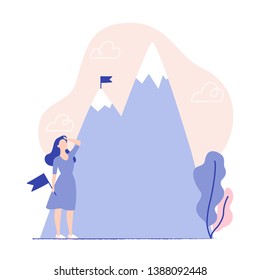 Woman holding flag and looking at the mountains. Flag on the mountain peak. Business concept, goal achievement, success, winning. Vector illustration, flat design.