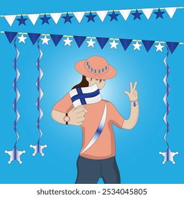 Mujer sosteniendo una bandera y haciendo una señal de victoria durante la vibrante celebración patriótica de Suomi con banderas de Finlandia Streamers y tema del Orgullo Nacional sobre fondo azul. EPS de Vector editable disponible