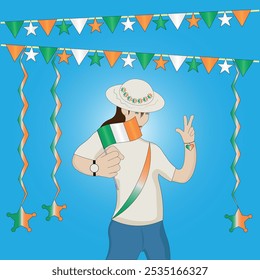 Woman Holding a Flag and Making Victory Sign During Vibrant Patriotic Irish Celebration with Ireland Flags Streamers and National Pride theme on blue background. Editable Vector EPS Available