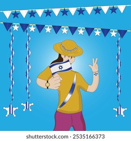 Mujer sosteniendo una bandera y haciendo una señal de victoria durante la vibrante celebración patriótica israelí con banderas de Israel Streamers y tema del Orgullo Nacional sobre fondo azul. EPS de Vector editable disponible