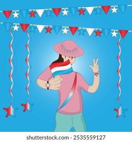 Woman Holding a Flag and Making Victory Sign During Vibrant Patriotic Grand Duchy Celebration with Luxembourg Flags Streamers and National Pride theme on blue background. Editable Vector EPS Available