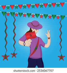 Woman Holding a Flag and Making Victory Sign During Vibrant Patriotic Moroccan Celebration with Morocco Flags Streamers and National Pride theme on blue background. Editable Vector EPS Available
