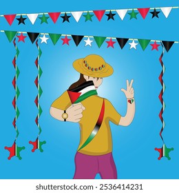 Mujer sosteniendo una bandera y haciendo una señal de victoria durante la vibrante celebración patriótica palestina con banderas palestinas Streamers y tema del Orgullo Nacional sobre fondo azul. EPS de Vector editable disponible