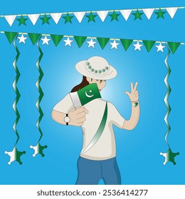 Woman Holding a Flag and Making Victory Sign During Vibrant Patriotic Pakistani Celebration with Pakistan Flags Streamers and National Pride theme on blue background. Editable Vector EPS Available