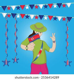 Woman Holding a Flag and Making Victory Sign During Vibrant Patriotic North Korean Celebration with North Korea Flags Streamers and National Pride theme on blue background Editable Vector EPS Availabe