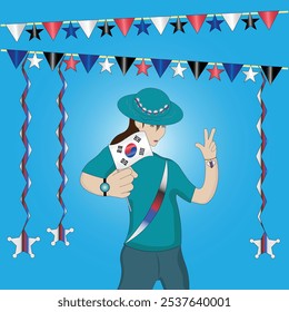 Woman Holding a Flag and Making Victory Sign During Vibrant Patriotic Koreans Celebration with South Korea Flags Streamers and National Pride theme on blue background. Editable Vector EPS Available