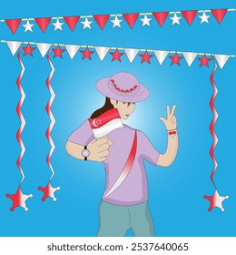 Woman Holding a Flag and Making Victory Sign During Vibrant Patriotic Lion City Celebration with Singapore Flags Streamers and National Pride theme on blue background. Editable Vector EPS Available