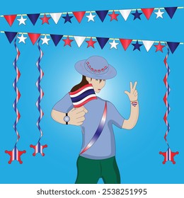 Woman Holding a Flag and Making Victory Sign During Vibrant Patriotic Thai Celebration with Thailand Flags Streamers and National Pride theme on blue background. Editable Vector EPS Available