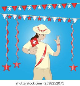 Woman Holding a Flag and Making Victory Sign During Vibrant Patriotic Swiss Celebration with Switzerland Flags Streamers and National Pride theme on blue background. Editable Vector EPS Available