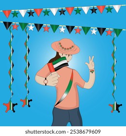 Woman Holding a Flag and Making Victory Sign During Vibrant Patriotic UAE Celebration with United Arab Emirates Flags Streamers and National Pride theme on blue background. Vector EPS Available