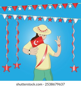 Woman Holding a Flag and Making Victory Sign During Vibrant Patriotic Turkish Celebration with Türkiye Fags Streamers and National Pride theme on blue background. Editable Vector EPS Available