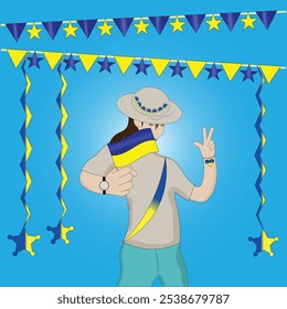 Woman Holding a Flag and Making Victory Sign During Vibrant Patriotic Ukrainian Celebration with Ukraine Flags Streamers and National Pride theme on blue background. Editable Vector EPS Available