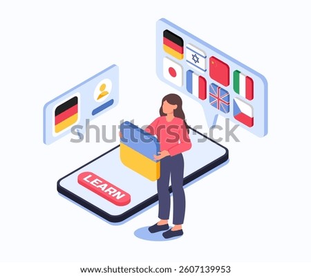 Woman holding flag on smartphone screen with multiple country flags in speech bubbles, flat style on white background. Concept of learning foreign languages. Vector illustration