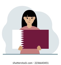 A woman is holding the flag of Qatar in his hands. The concept of demonstration, national holiday or patriotism. Nationality. Vector flat illustration