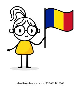 Woman holding flag of Romania isolated on white background. Hand drawn doodle line art man. Concept of country. Vector stock illustration