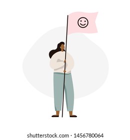 Woman holding flag with smile sign. Female activist with flag. Flat vector illustration.