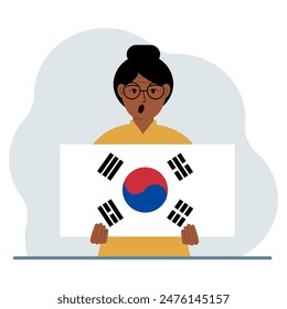 A woman is holding the flag of South Korea. The concept of demonstration, national holiday, independence day or patriotism. Nationality. Vector flat illustration