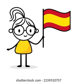 Woman holding flag of Spain isolated on white background. Hand drawn doodle line art man. Concept of country. Vector stock illustration