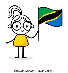 Woman holding flag of Tanzania isolated on white background. Hand drawn doodle line art man. Concept of country. Vector stock illustration