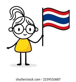 Woman holding flag of Thailand isolated on white background. Hand drawn doodle line art man. Concept of country. Vector stock illustration