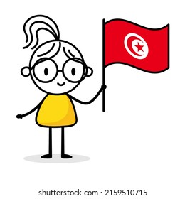 Woman holding flag of Tunisia isolated on white background. Hand drawn doodle line art man. Concept of country. Vector stock illustration