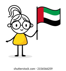 Woman holding flag of United Arab Emirates isolated on white background. Hand drawn doodle line art man. Concept of country. Vector stock illustration