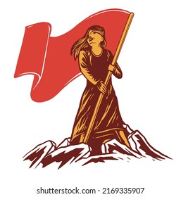 Woman Holding Flag Vintage Propaganda Style Poster Illustration