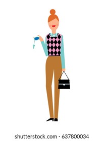 Woman holding flat or car key and handbag. Vector illustration.